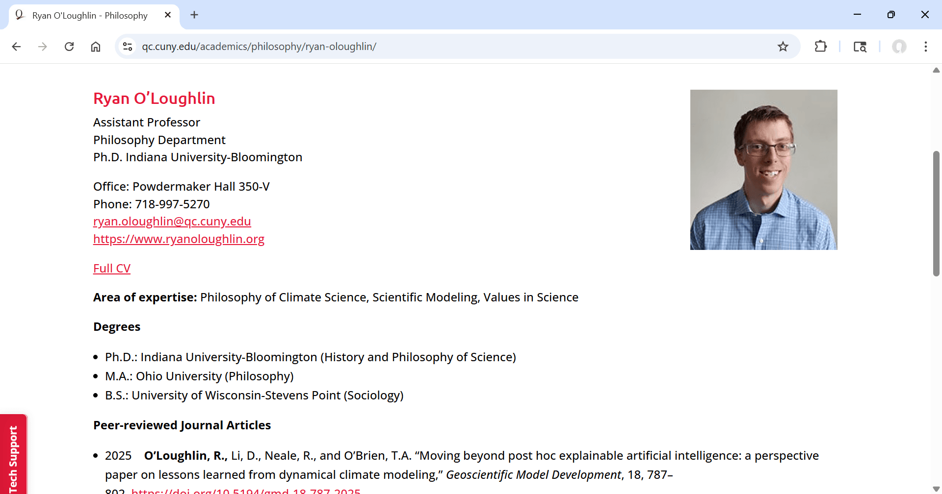 Screenshot of Ryan O'Loughlin's original departmental profile