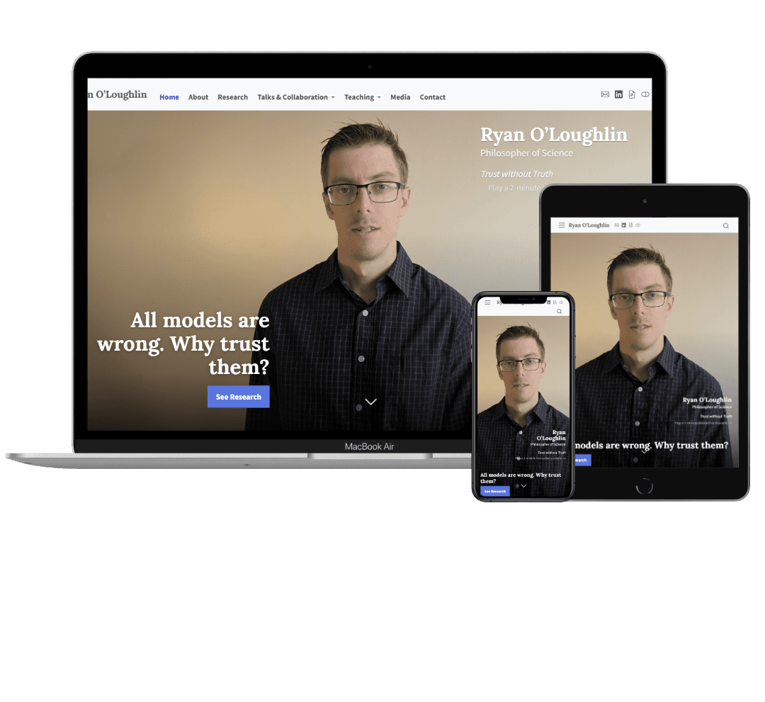 Responsive mockup of Ryan O’Loughlin’s research website on laptop, tablet, and phone.