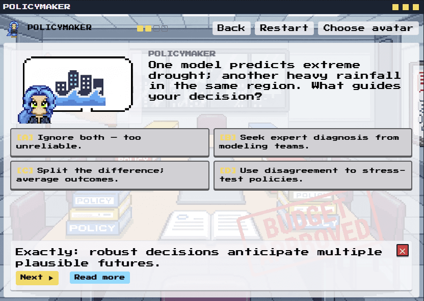 Choose-your-own-adventure widget showing the policymaker path